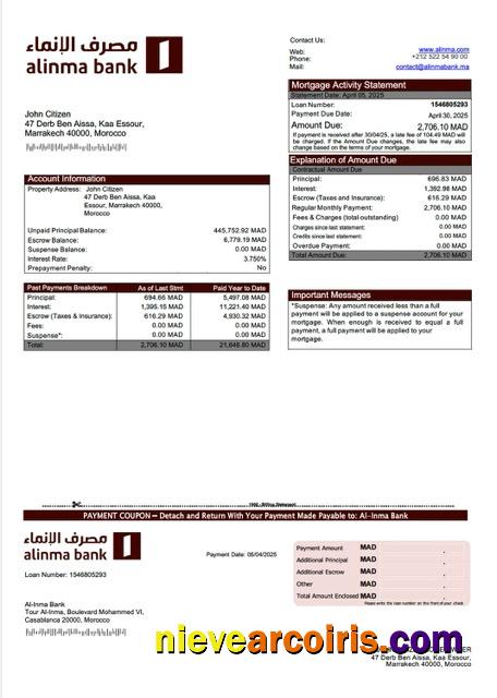 Morocco Al-Inma Bank mortgage statement Word and PDF template